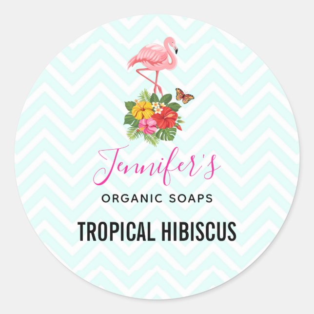 Sticker Rond Flamant rose rose & Hibiscus Tropical Savon fantai (Devant)