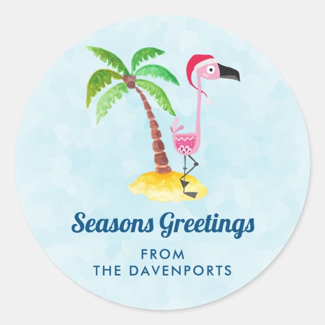 Sticker Rond Flamant rose rose Joyeuses Fêtes à Santa Hat (Devant)