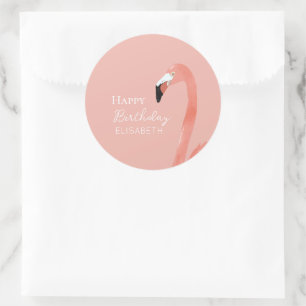 Sticker Rond Flamant rose rose Joyeux Anniversaire Nom personna