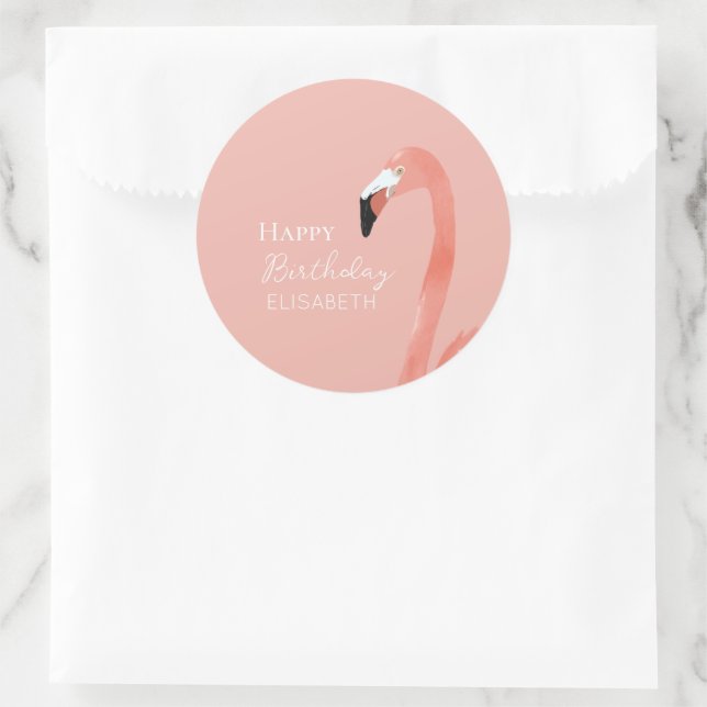 Sticker Rond Flamant rose rose Joyeux Anniversaire Nom personna (Sac)
