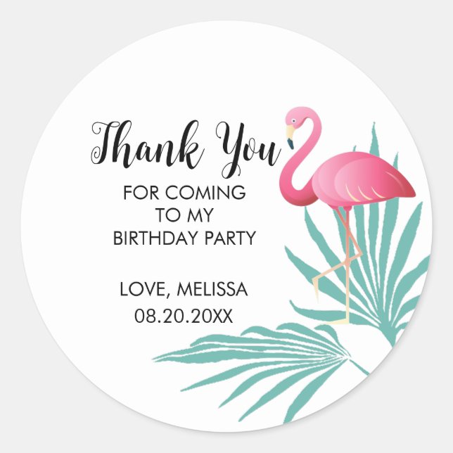 Sticker Rond Flamant rose rose Palm Feuille Merci d'anniversair (Devant)