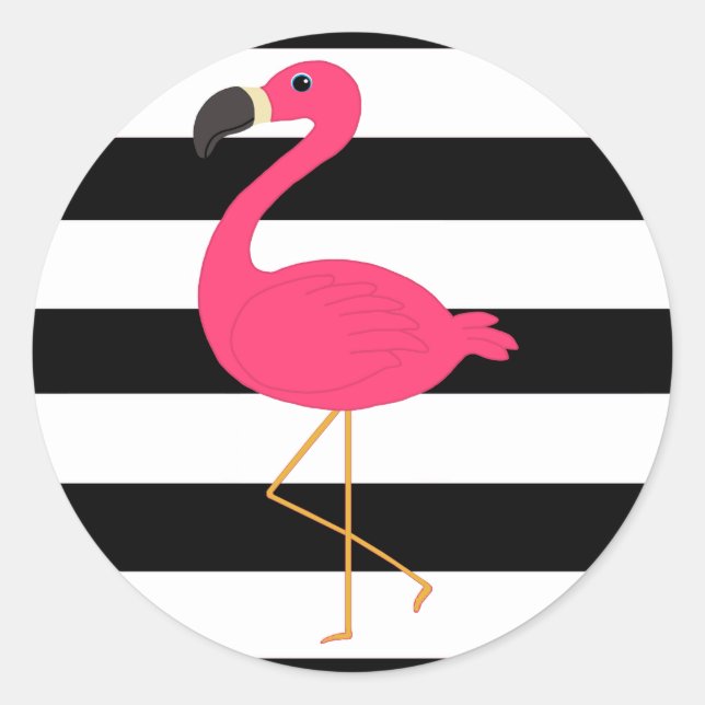 Sticker Rond Flamant rose rose rayé noir et blanc (Devant)