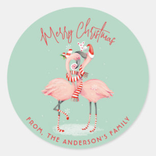 Sticker Rond Flamant Rose Tropical Avec Chapeaux de Père Noël N