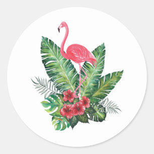 Sticker Rond Flamant rose tropical feuille