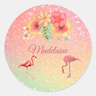 Sticker Rond Flamant rose tropical Parties scintillant Floral P