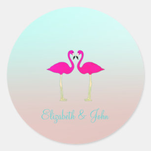Sticker Rond Flamants roses adorables amoureux - Personnalisé