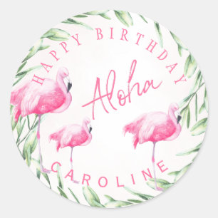 Sticker Rond Flamants roses aloha joyeux anniversaire tropical