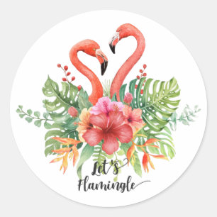 Sticker Rond Flamants roses d'aquarelle tropicale et pistolet H