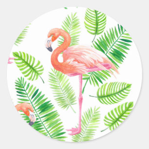 Sticker Rond Flamants roses et feuilles tropicaux