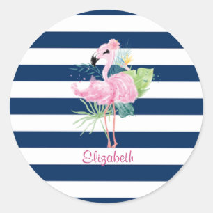 Sticker Rond Flamants roses mignonsFeuille tropicale, rayée