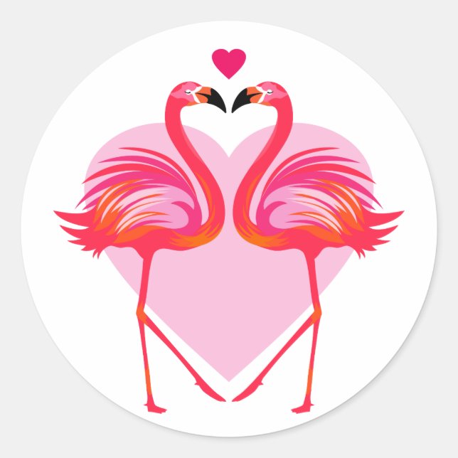 Sticker Rond Flamants Roses Oiseaux avec Cadre en Forme de Coeu (Devant)