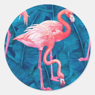 Sticker Rond Flamants roses sur feuilles de bananes bleues
