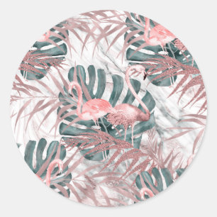Sticker Rond Flamants Roses Tropicaux aux Feuilles et Marbre po