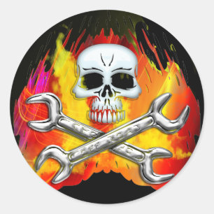 Sticker Rond Flames crâniennes et clés Chrome traversées