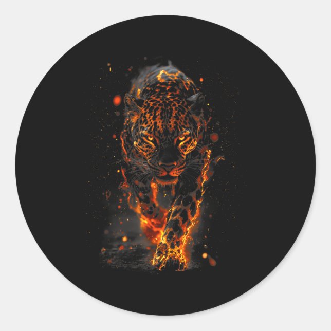 Sticker Rond Flaming Jaguar Fierce Leopard Wild Fire Animal Sri (Devant)