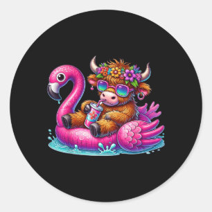 Sticker Rond Flamingo de vache highland flotte été plage d'Hawa