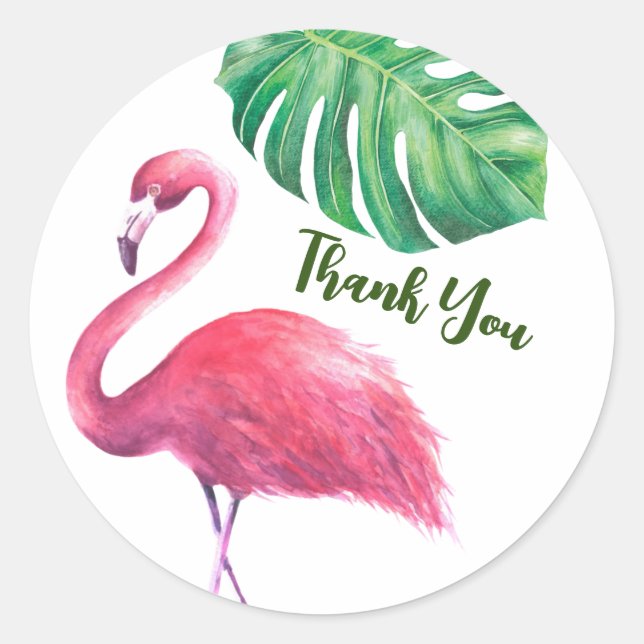 Sticker Rond Flamingo et feuilles tropicales Merci (Devant)