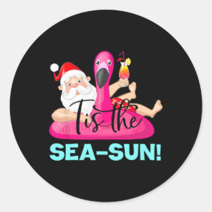 Sticker Rond Flamingo flottant du Père Noël C'est la mer-soleil