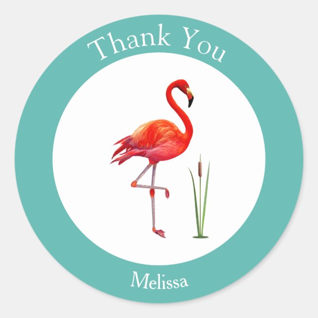 Sticker Rond Flamingo Merci sur fond bleu clair et blanc (Devant)