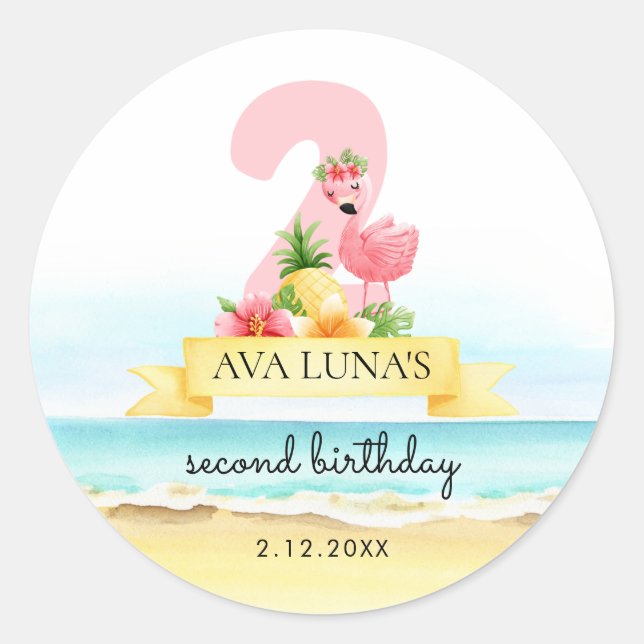 Sticker Rond Flamingo Rose Eté 2e Anniversaire (Devant)