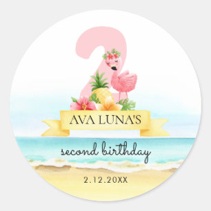 Sticker Rond Flamingo Rose Eté 2e Anniversaire