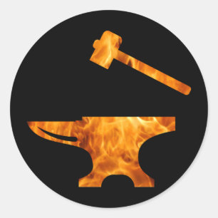 Sticker Rond Flamme Anvil et marteau forgeron Métalworking