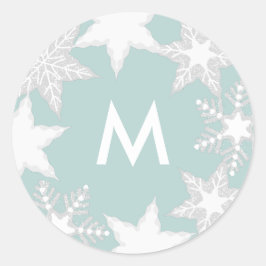 Sticker Rond Flammes de neige congelées Fête Monogramme bleu cl