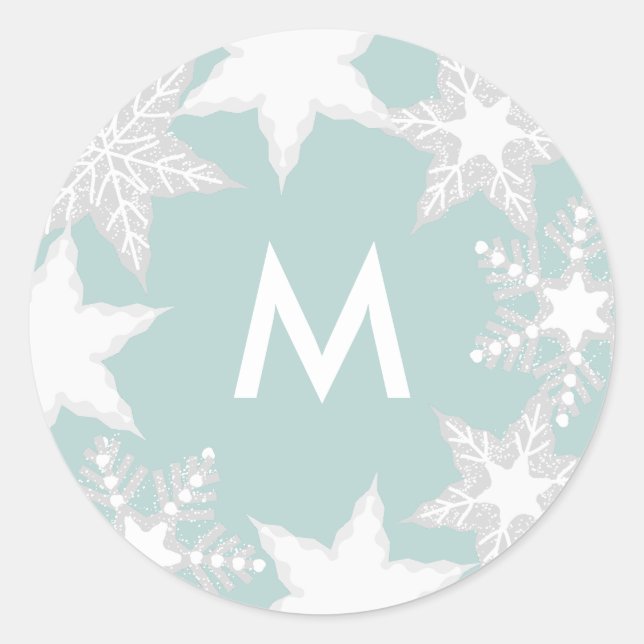 Sticker Rond Flammes de neige congelées Fête Monogramme bleu cl (Devant)