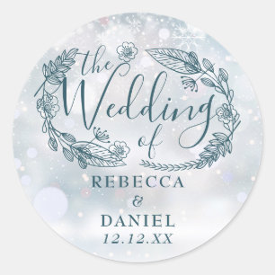 Sticker Rond Flammes de neige florales rustiques Mariage hivern