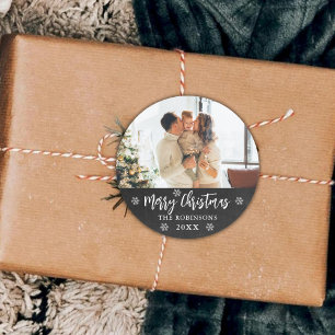 Sticker Rond Flammes de neige rustiques Chalkboard Photo Joyeux