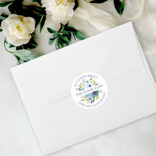 Sticker Rond Fleur aquarelle bleu poussiéreux Adresse de retour