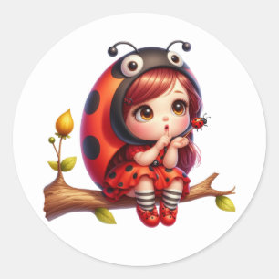 Sticker Rond Fleur aquarelle Ladybug Girl