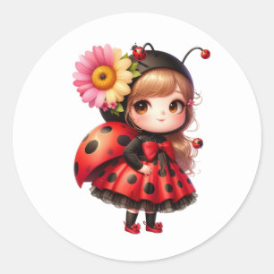 Sticker Rond Fleur aquarelle Ladybug Girl