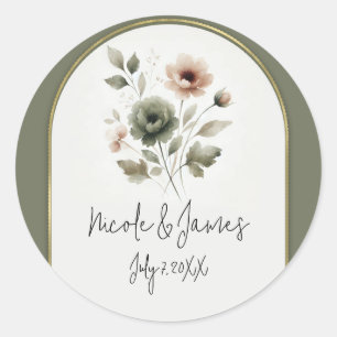 Sticker Rond Fleur Aquarelle Poussiéreuse Olive Rose & Or