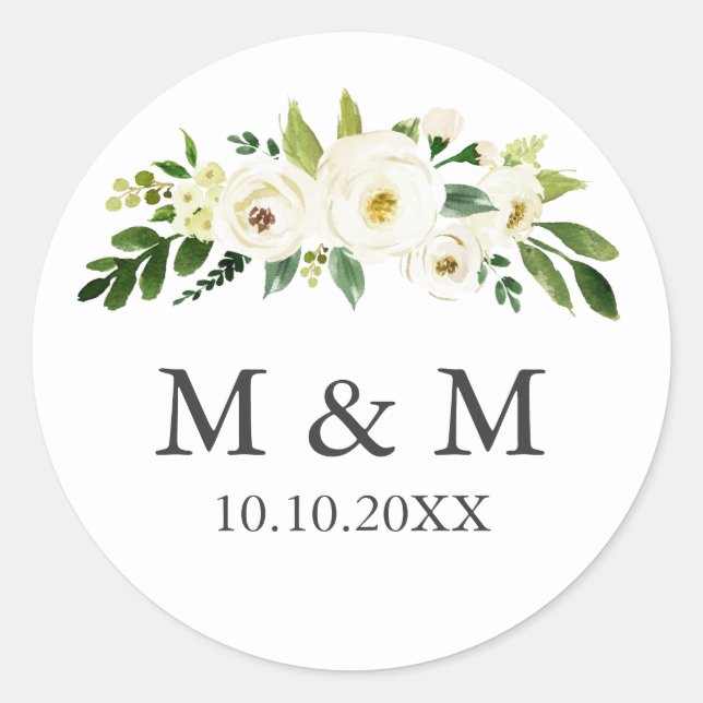 Sticker Rond Fleur blanche | Monogramme classique Mariage flora (Devant)