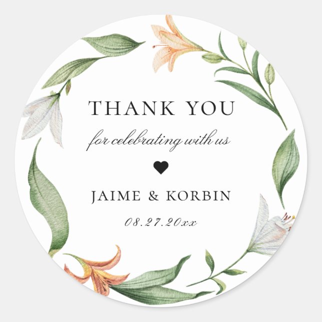 Sticker Rond Fleur botanique Lily Wreath Wedding Favor (Devant)
