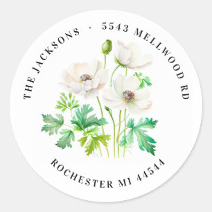 Sticker Rond Fleur d'anémone blanche Retour Adresse Classic Rou