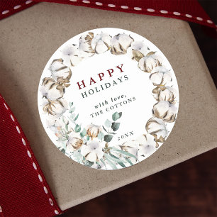 Sticker Rond Fleur de coton Wreath Joyeuses vacances