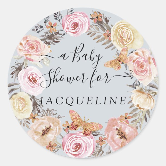 Sticker Rond Fleur de couronne Boho Papillon bleu Aquarelle Béb (Devant)