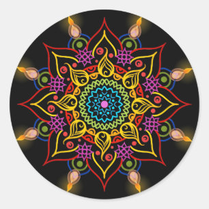Sticker Rond Fleur de Diwali Rangoli avec lampes à huile
