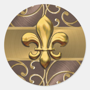 Sticker Rond Fleur de Lis Brown et Gold Filigree