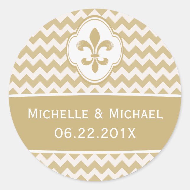 Sticker Rond Fleur de Lis Chevron Blanc Or Personnalisé (Devant)