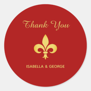 Sticker Rond Fleur de Lis dorée sur fond rouge cramoisi