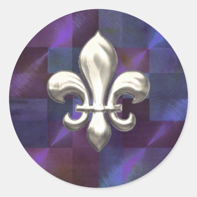 Sticker Rond Fleur de Lis en Argent sur les Purples Abstraits (Devant)