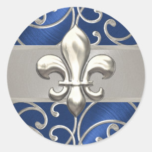 Sticker Rond Fleur de Lis en Filigree bleu et argent