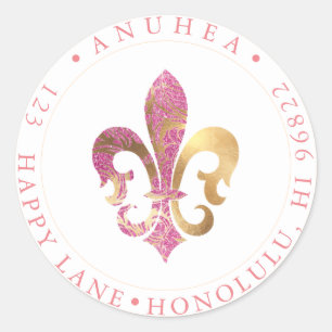STICKER ROND FLEUR DE LIS FAUX OR + PINKETTES DAMASK
