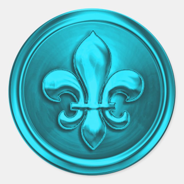 Sticker Rond Fleur de Lis Turquoise Enveloppe Sceau Embossé (Devant)