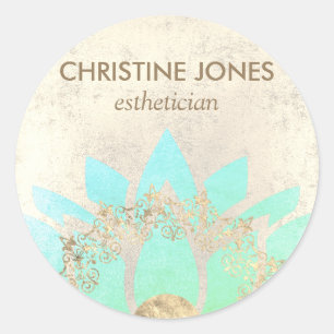 Sticker Rond Fleur de lotus turquoise et or ・