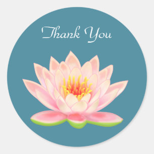 Sticker Rond Fleur de nénuphar rose sur bleu Merci
