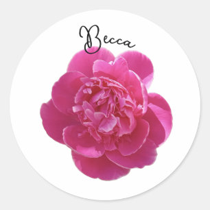 Sticker Rond Fleur de pivoine rose vive personnalisée